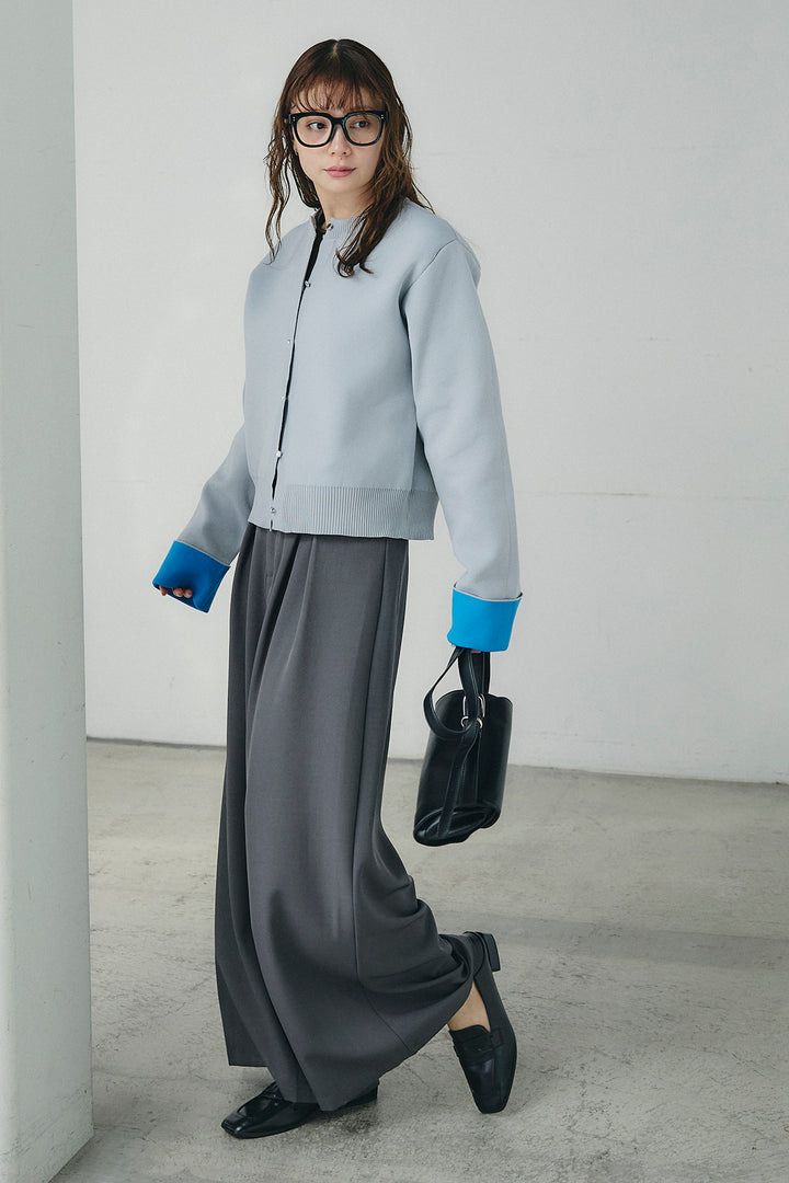 [SET]リバーシブル配色ニットカーディガン+ベルト付きツータックワイドパンツ(2set)