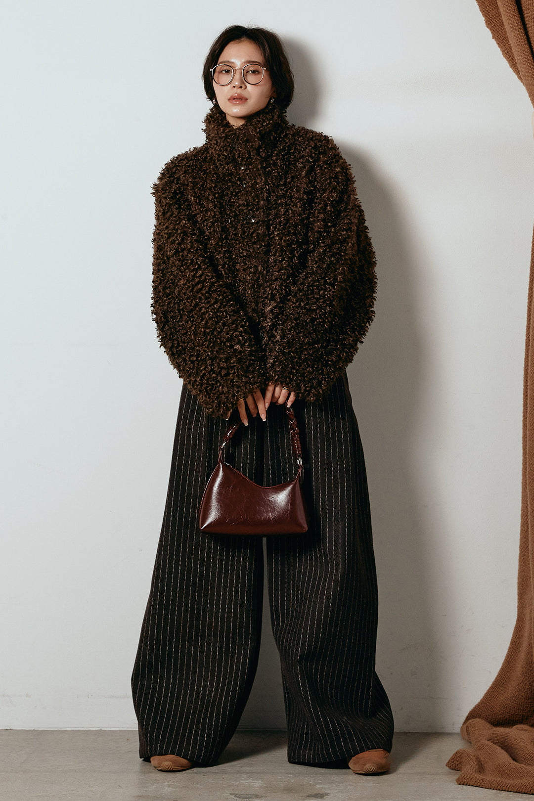 [SET]プードルファーミドルジャケット+ウールライクストライプパンツ(2set)