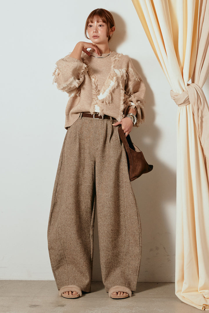 [SET]シャギージャガードニットトップス+ベルト付きネップツイードカーブパンツ(2set)