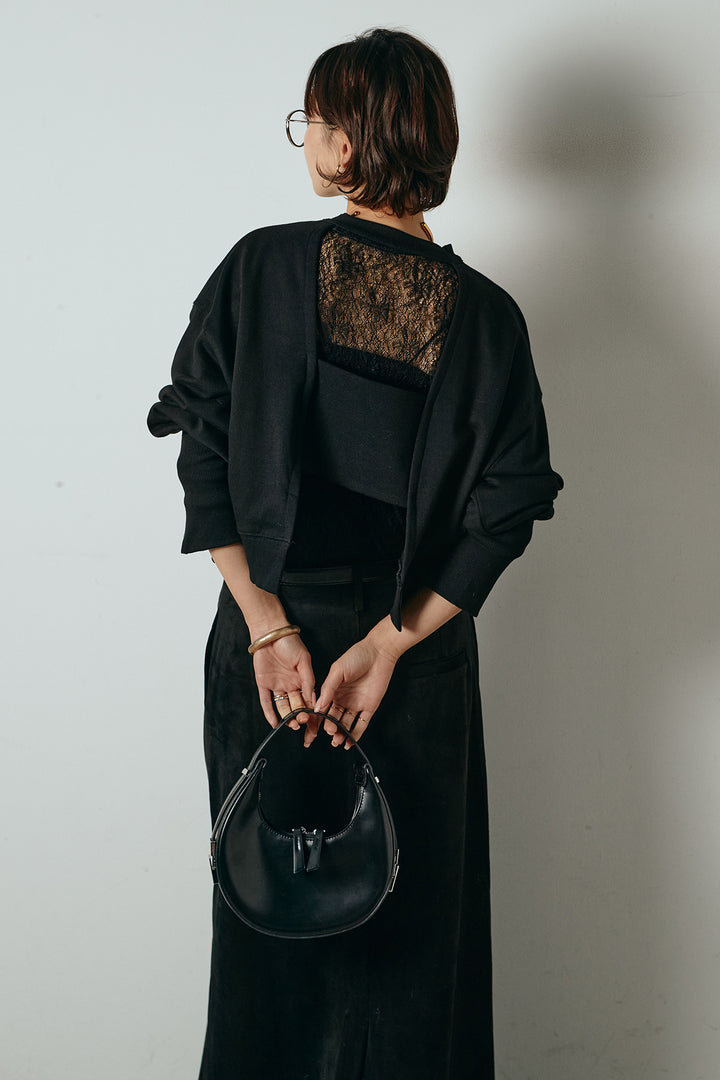 [SET]裏毛バックオープンプルオーバー+エコスウェードワイドスカート+ストレッチレースクルーネックインナー(3set)