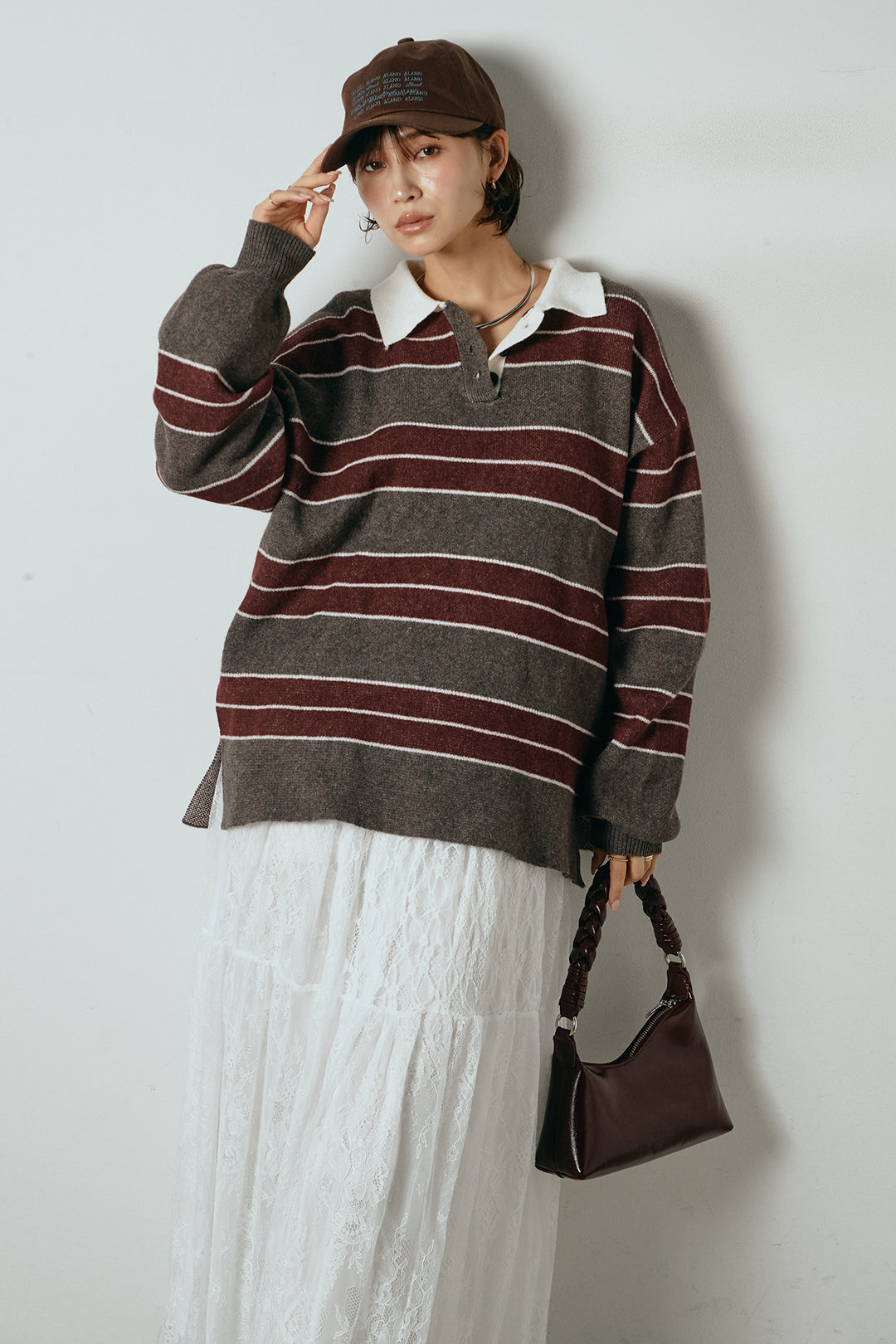 [SET]ラガーニットボーダーポロプルオーバー+ひげレース切替ロング丈スカート(2set)