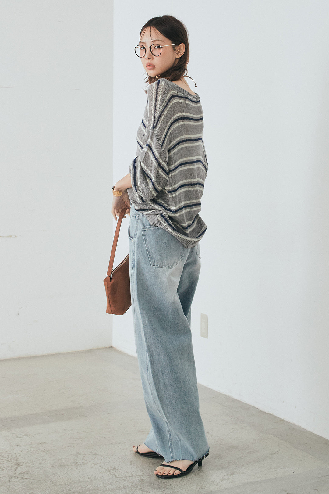 [SET]綿タッチVネックボーダートップス+デニムヨークパンツ(2set)