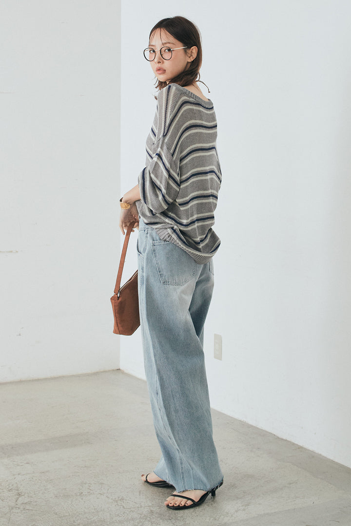 [SET]綿タッチVネックボーダートップス+デニムヨークパンツ(2set)