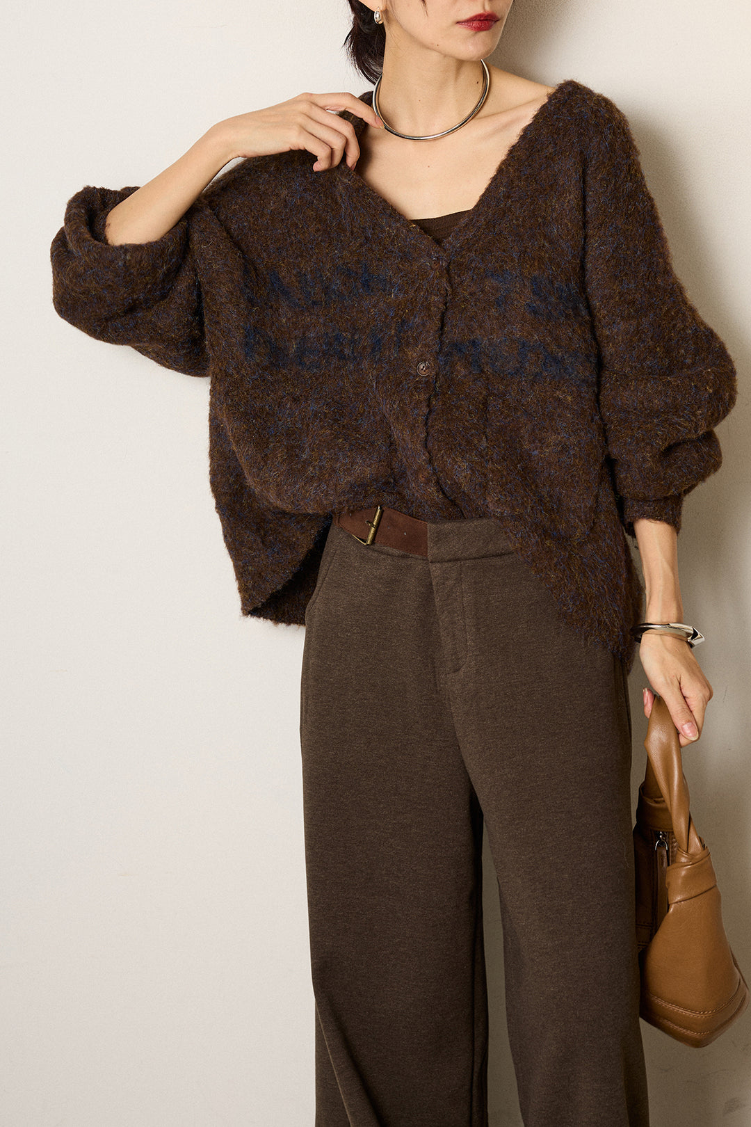 [SET]ウール混透かしロゴニットカーディガン+サイドベルトパンツ(2set)