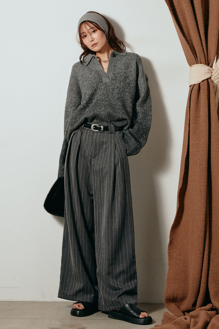 [SET]グラデーションラメニットキーネックプルオーバー+ストライプヘリンボーンパンツ(2set)