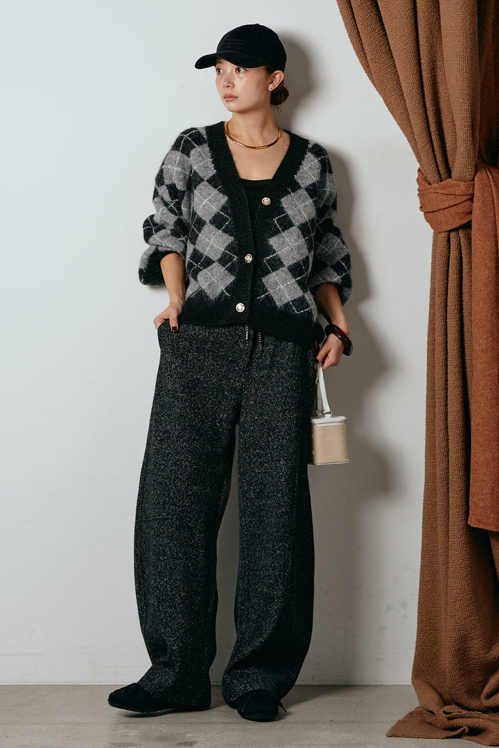 [SET]オーバーサイズ総柄Vネックニットカーディガン+杢ニットフレアパンツ(2set)
