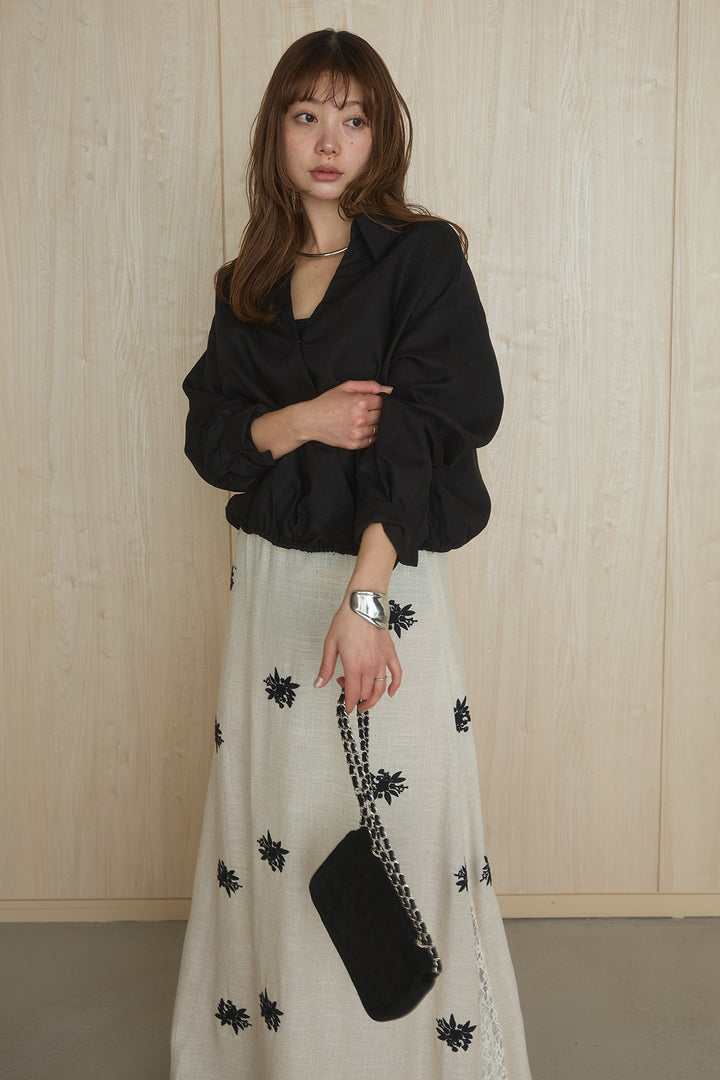 [SET]麻混襟付きトップス+レースコンビフラワー刺繍柄スカート(2set)