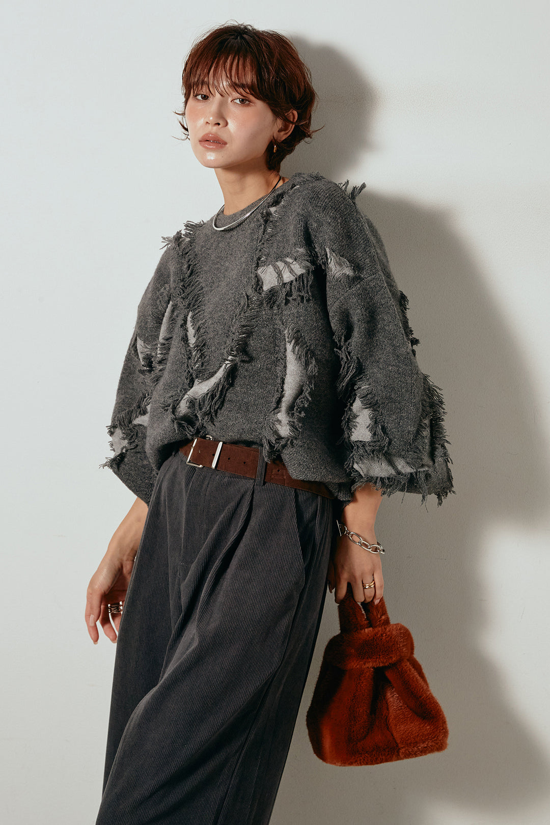 [SET]シャギージャガードニットトップス+太ベルト付きコーデュロイタックパンツ(2set)