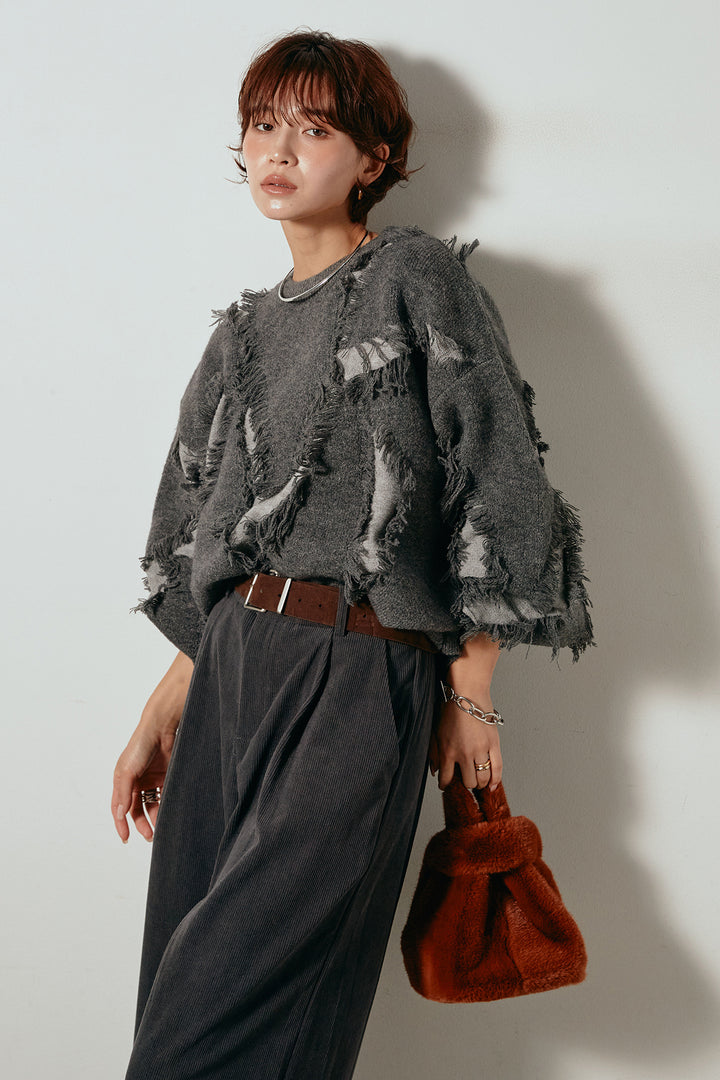 [SET]シャギージャガードニットトップス+太ベルト付きコーデュロイタックパンツ(2set)