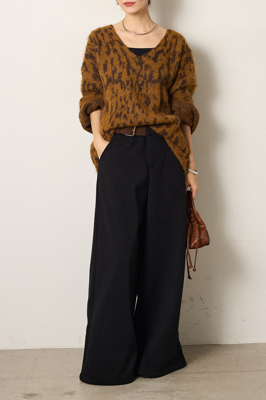 [SET]フラッフィーレオパードシャギーニット+サイドベルトパンツ(2set)