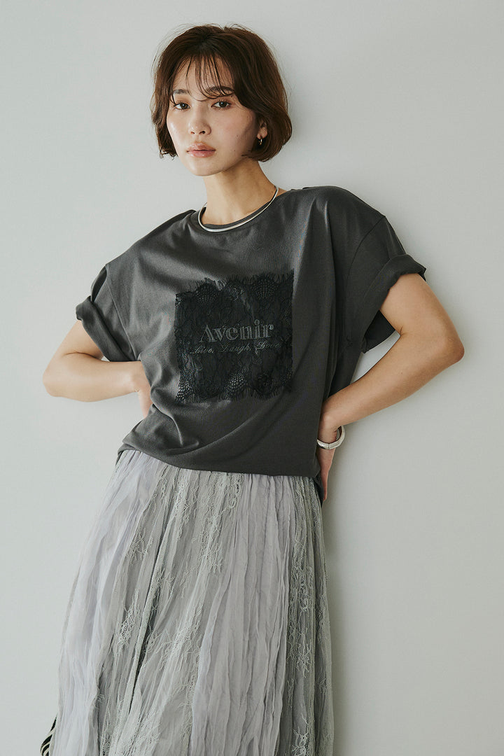 [SET]レースロゴ刺繍Tシャツ+レースコンビワッシャーギャザースカート(2set)
