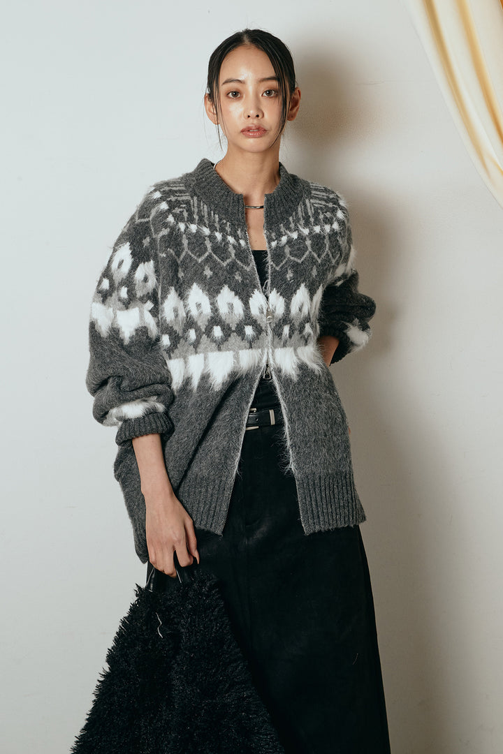 [SET]起毛ダブルジップパターンニットカーディガン+エコスウェードワイドスカート(2set)