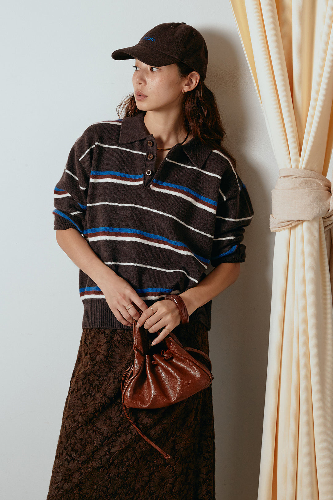 [SET]襟付きマルチボーダーニットポロトップス+花柄刺繍ベロアフレアスカート(2set)