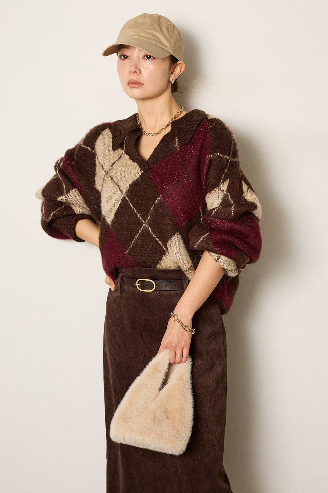 [SET]アクリルモヘアアーガイルキーネックプルオーバー+ロープベルト付きスウェード調スカート(2set)