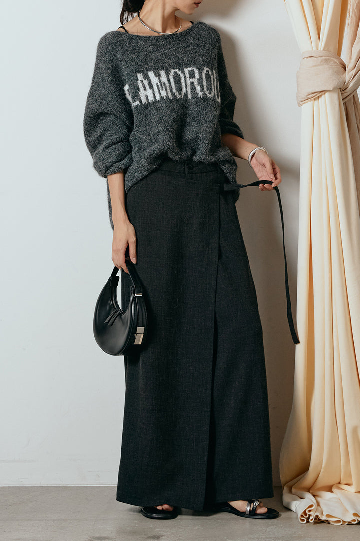 [SET]フロントロゴデザインニットトップス+ラップ巻きワイドスラックス(2set)