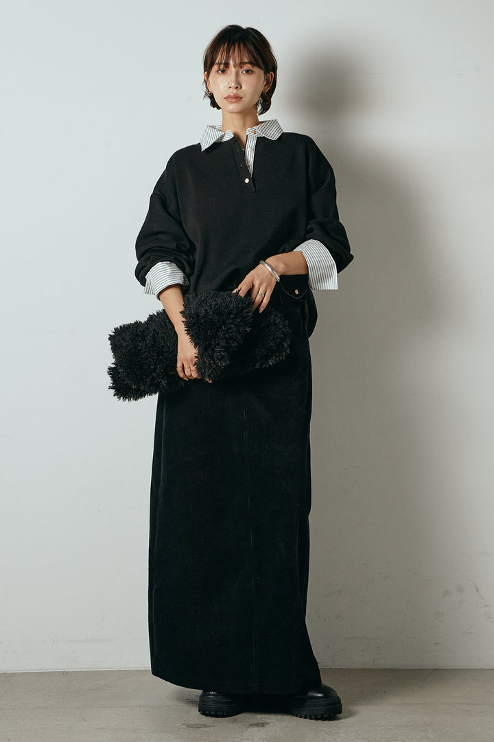 [SET]ストライプシャツドッキングポロトップス+ポーチベルト付きコーデュロイワイドスカート(2set)