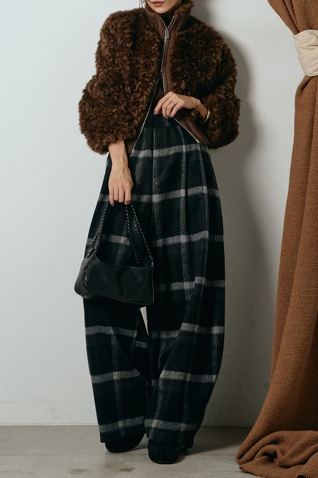 [SET]ハイネックショート丈ボアジップブルゾン+起毛タータンチェック柄ワイドパンツ(2set)