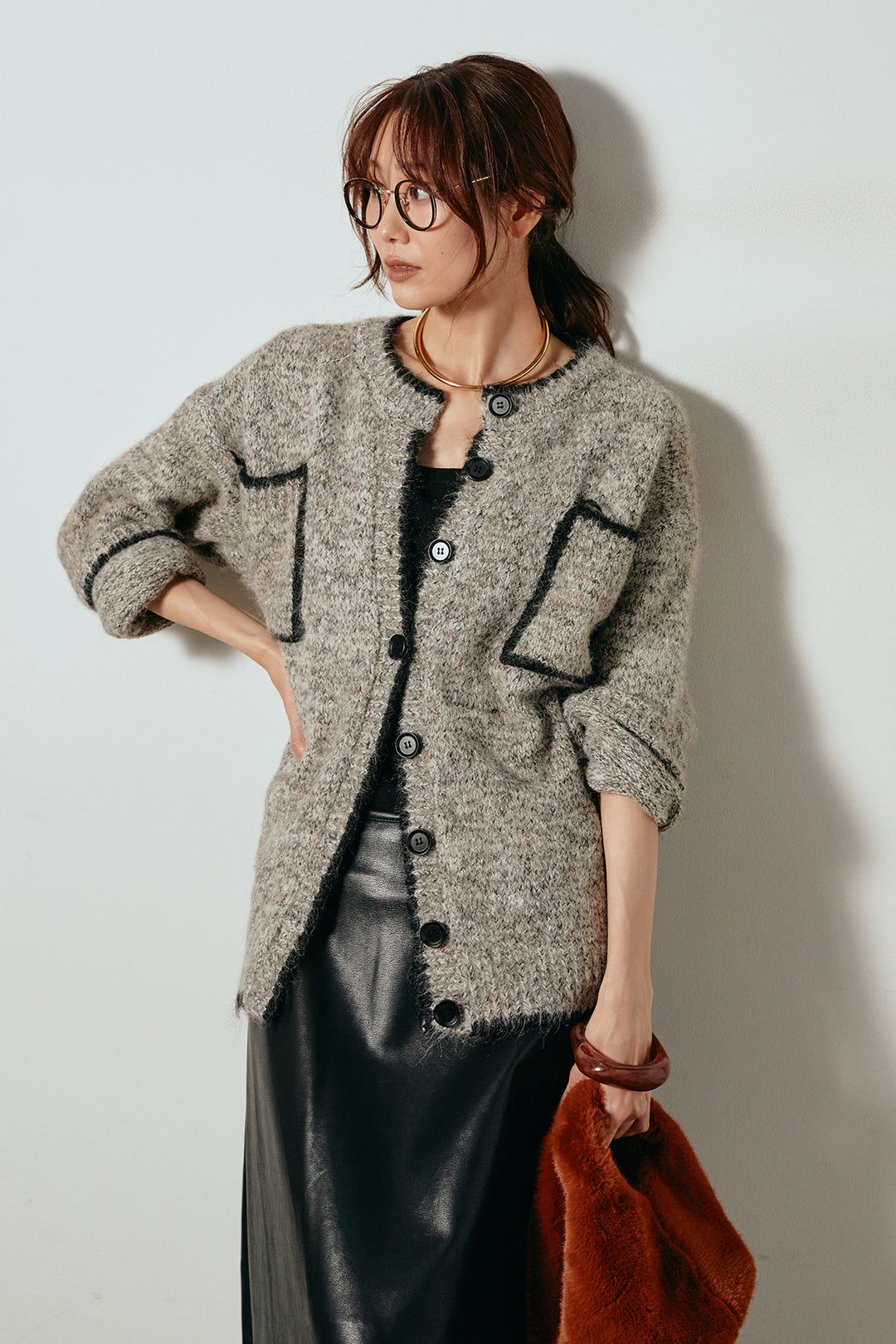 [SET]ミックスニットポケットカーディガン+紐付きフェイクレザーワイドスカート(2set)