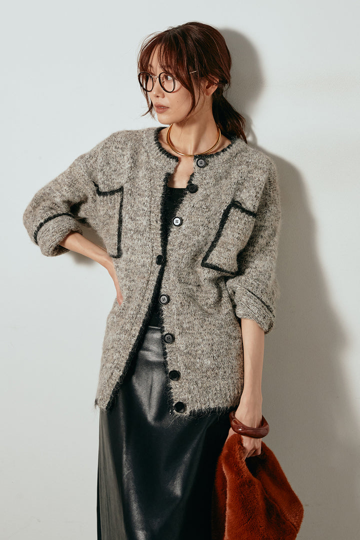 [SET]ミックスニットポケットカーディガン+紐付きフェイクレザーワイドスカート(2set)