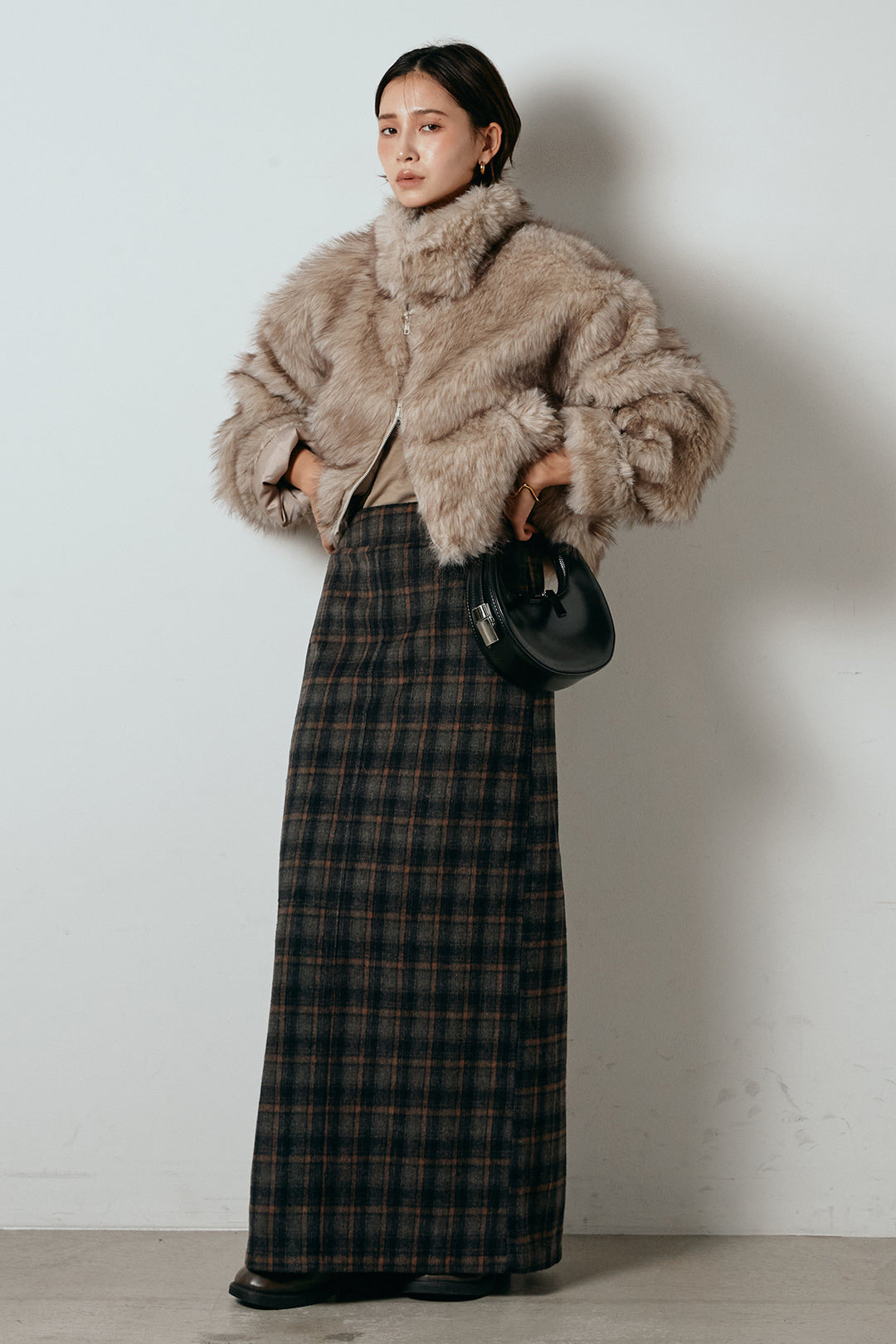 [SET]エコファーショート丈ブルゾン+シャギーチェックストレートスカート(2set)