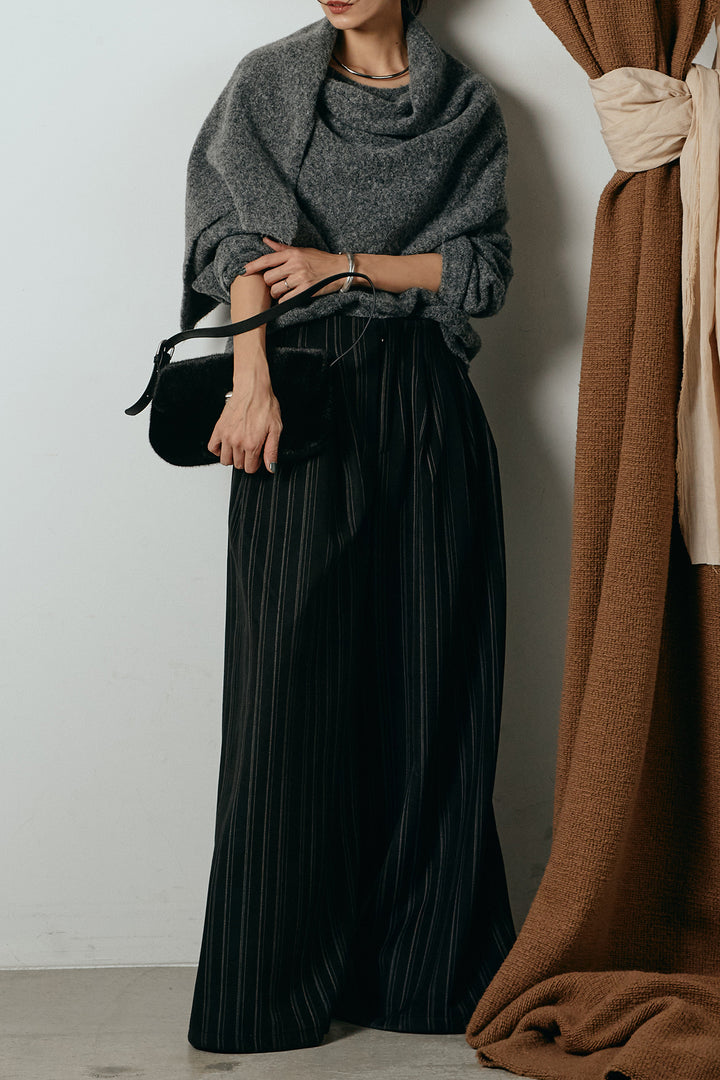 [SET]ネック巻きデザインニットトップス+タック入りマルチストライプ柄ワイドパンツ(2set)