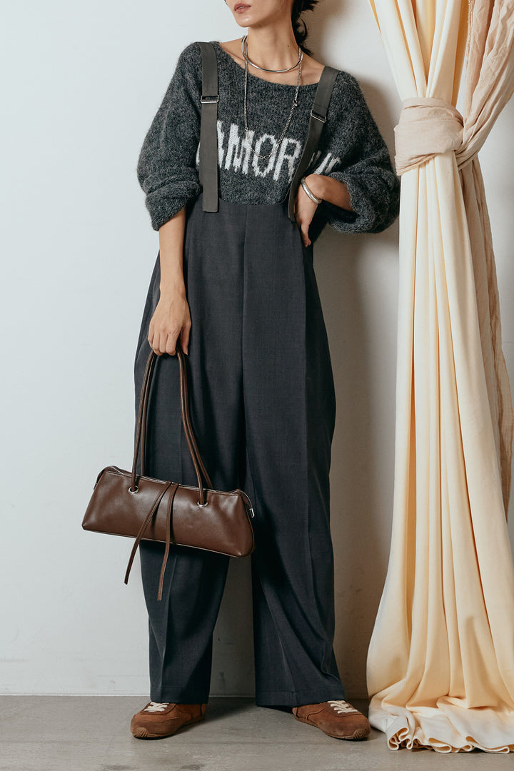 [SET]フロントロゴデザインニットトップス+ワイドツイルサロペット(2set)