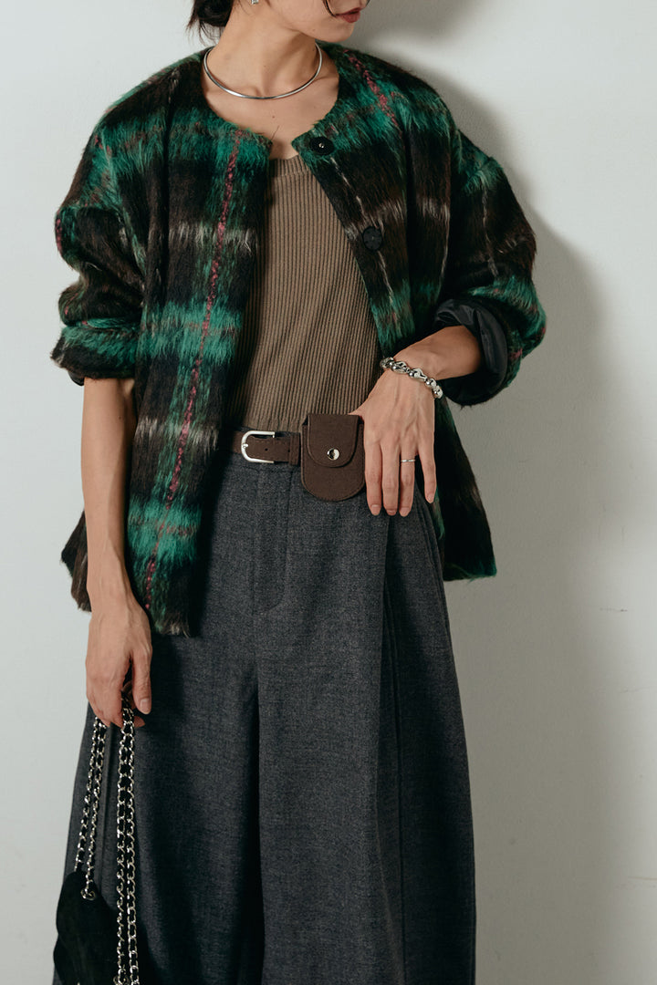 [SET]ノーカラーシャギーチェックアウター+ポーチベルト付きカーブパンツ(2set)