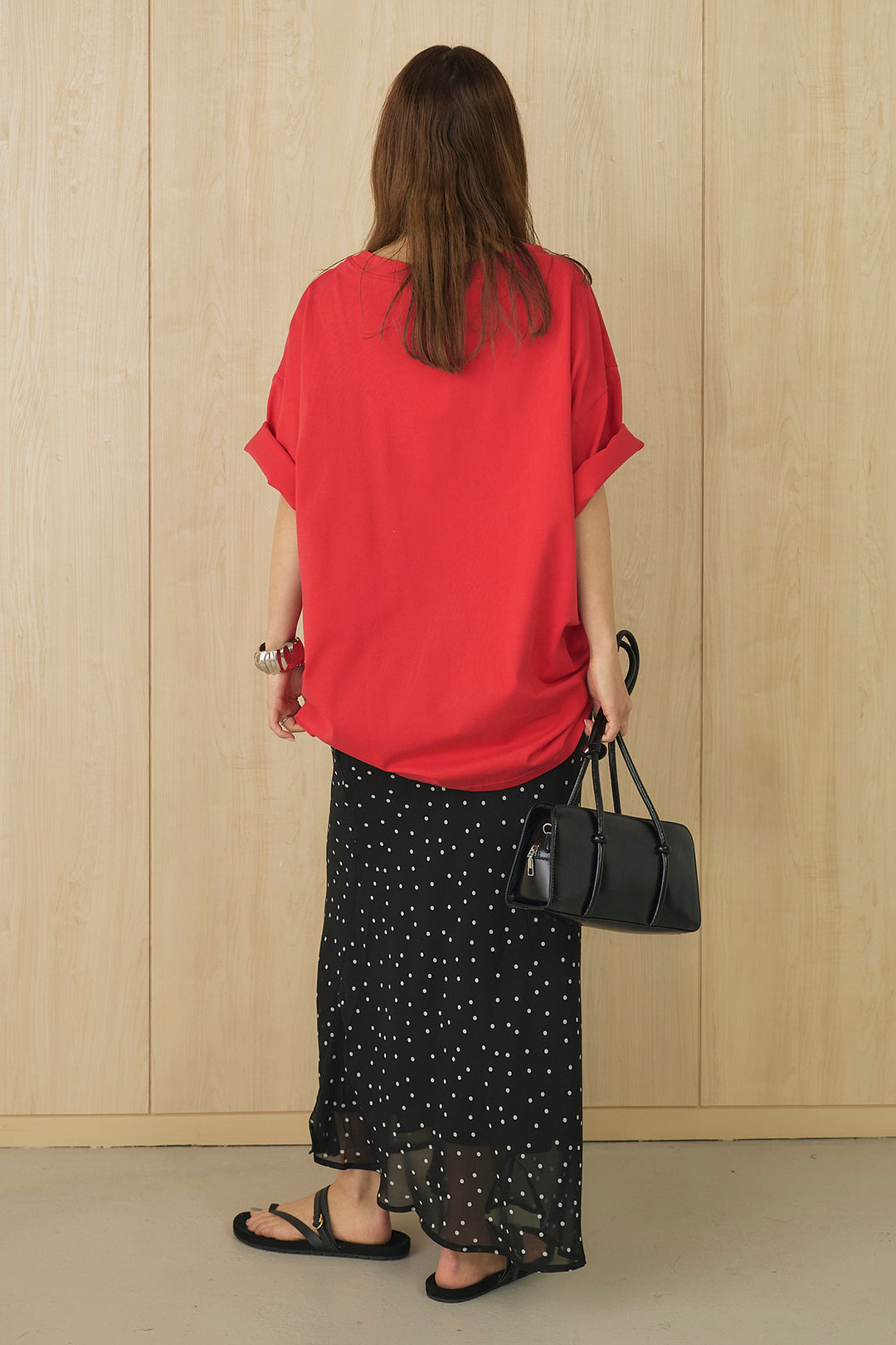 [SET]プリントロゴチュニックTシャツ+ドットサテンナロースカート(2set)