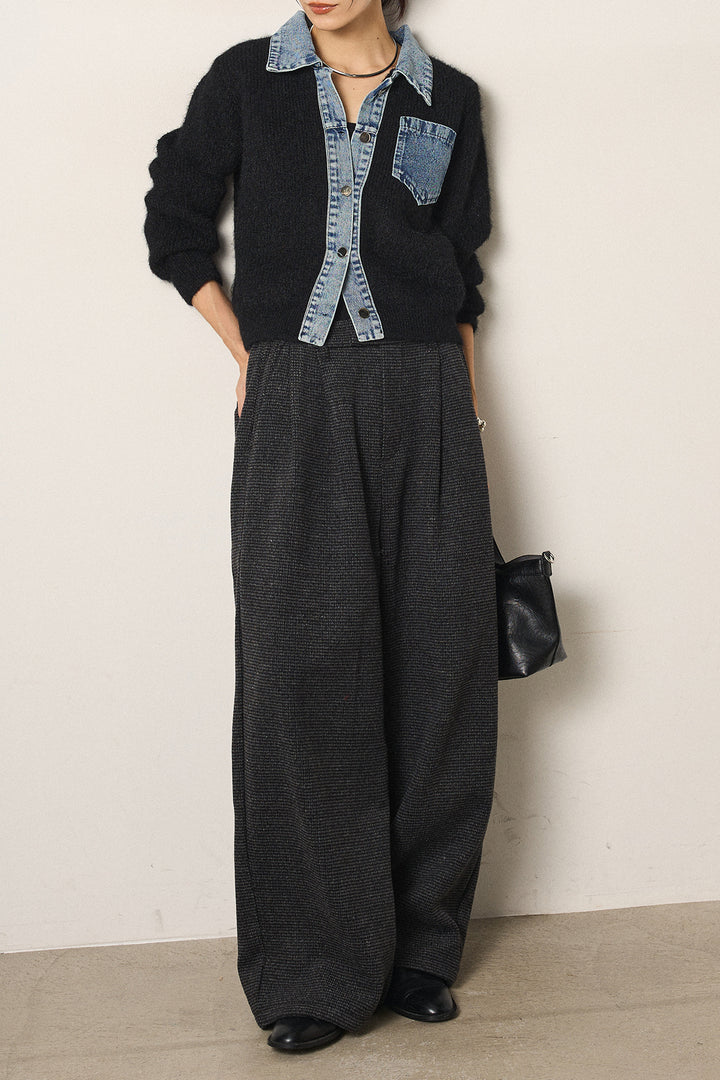 [SET]襟付きデニム切替ニットカーディガン+起毛タック入りツイードワイドパンツ(2set)