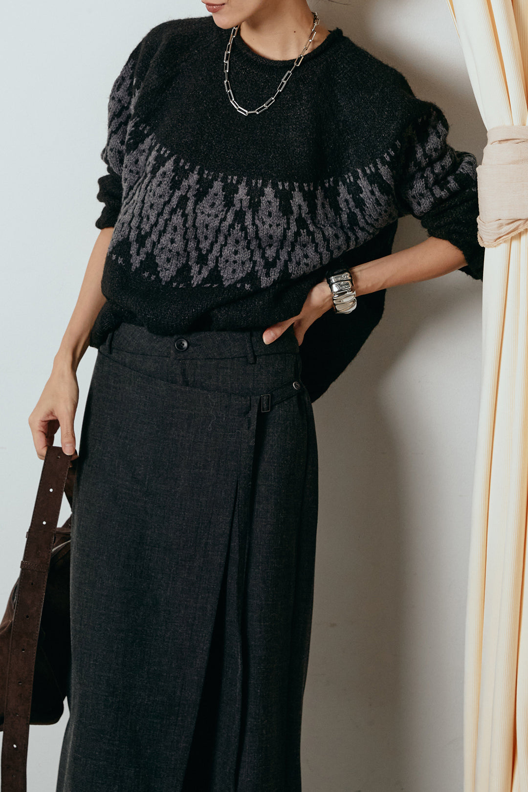 [SET]モノトーン柄ニットトップス+ラップ巻きワイドスラックス(2set)