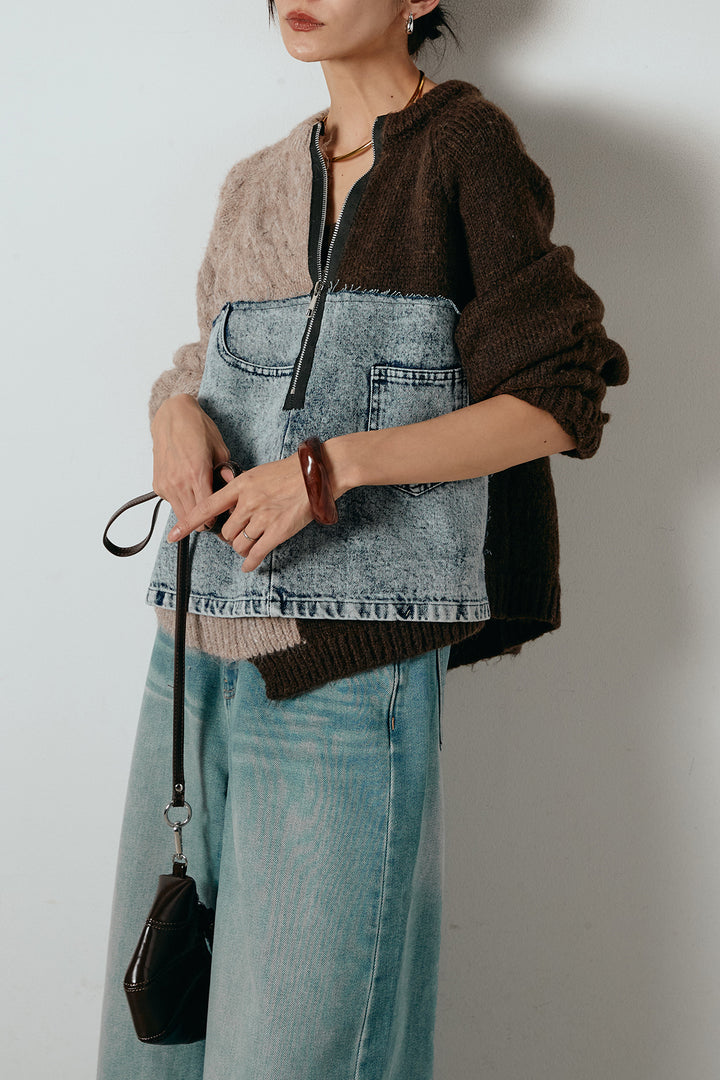 [SET]ハーフジップニットデニムドッキングトップス+ウエストダブルボタンワイドデニムパンツ(2set)