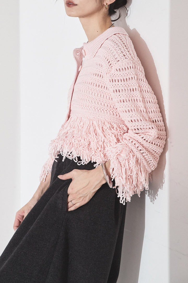 [SET]メッシュフリンジカーディガン+ウールタッチカーブワイドパンツ(2set)