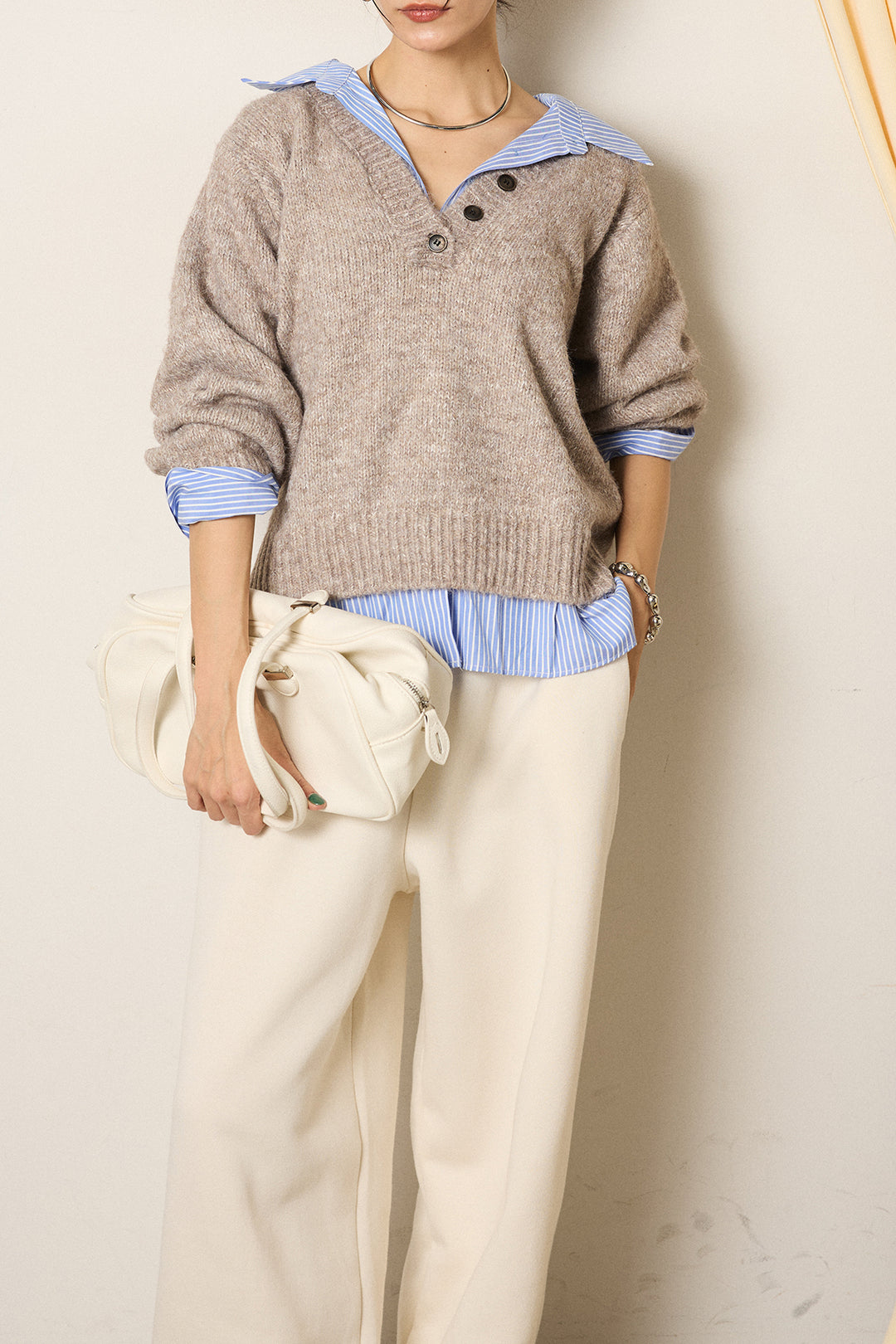 [SET]ストライプシャツドッキングニットポロトップス+裏起毛スウェットワイドパンツ(2set)