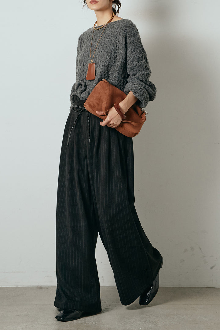 [SET]ボリューム編みニットプルオーバー+編みベルト付きピンストライプワイドパンツ(2set)