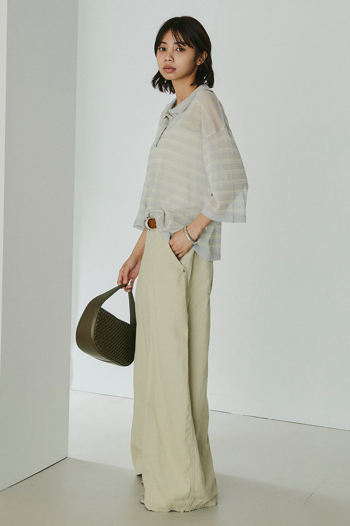 [SET]ボーダーニットポロシャツ+サイドベルトカーブワイドパンツ(2set)