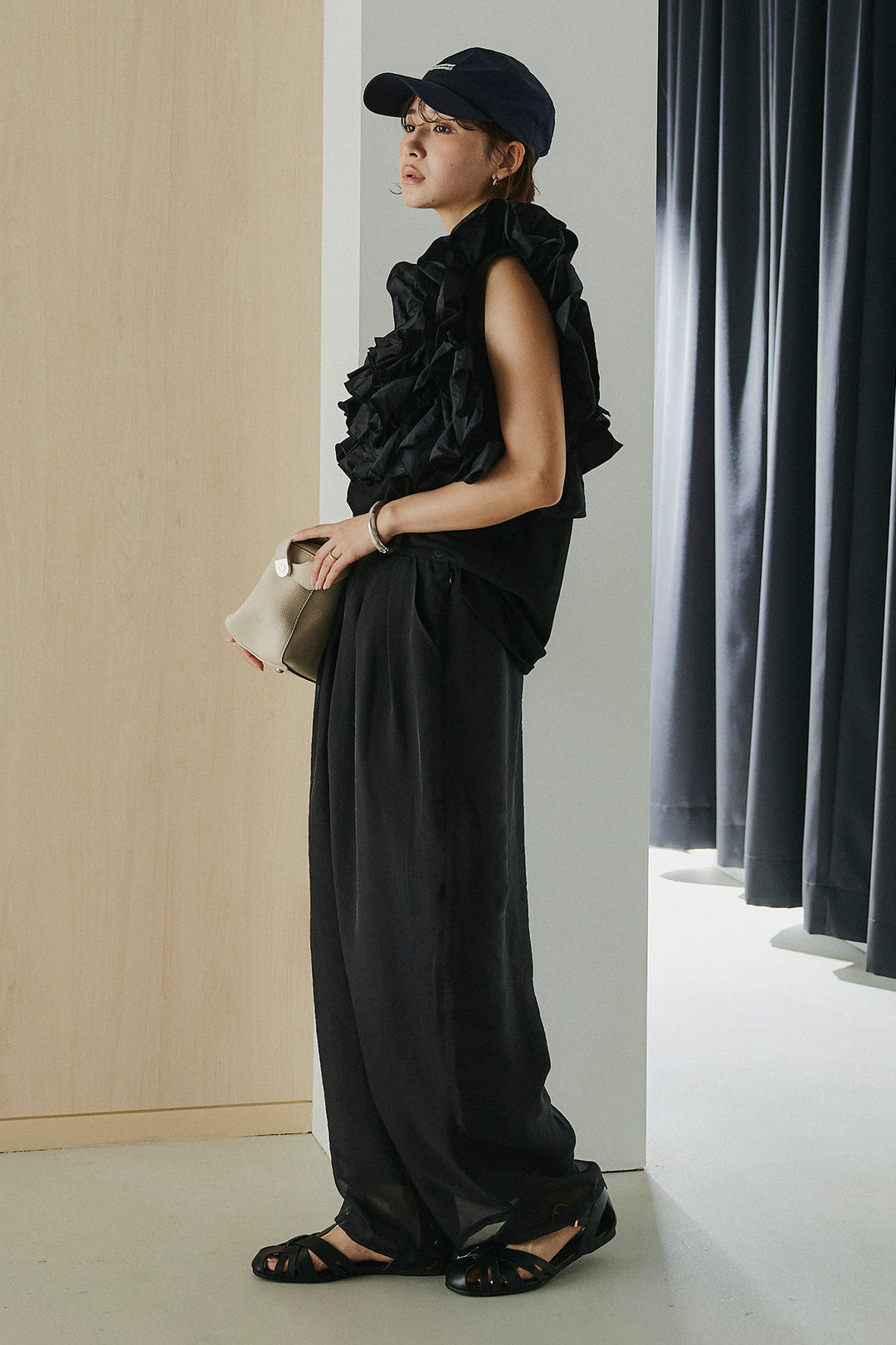 [SET]天竺ナイロンドッキングビスチェ風トップス+オーガンジータックパンツ(2set)