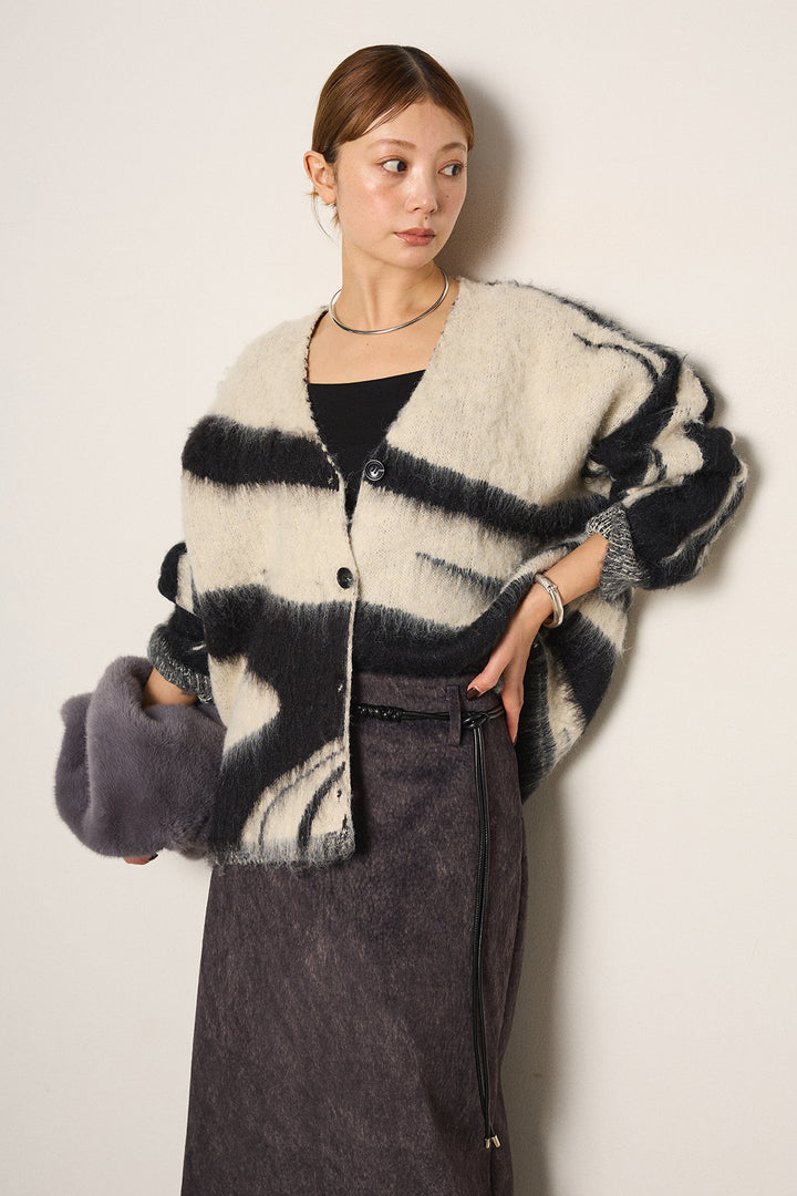 [SET]アクセントブラッシュドカーディガン+ロープベルト付きスウェード調スカート(2set)