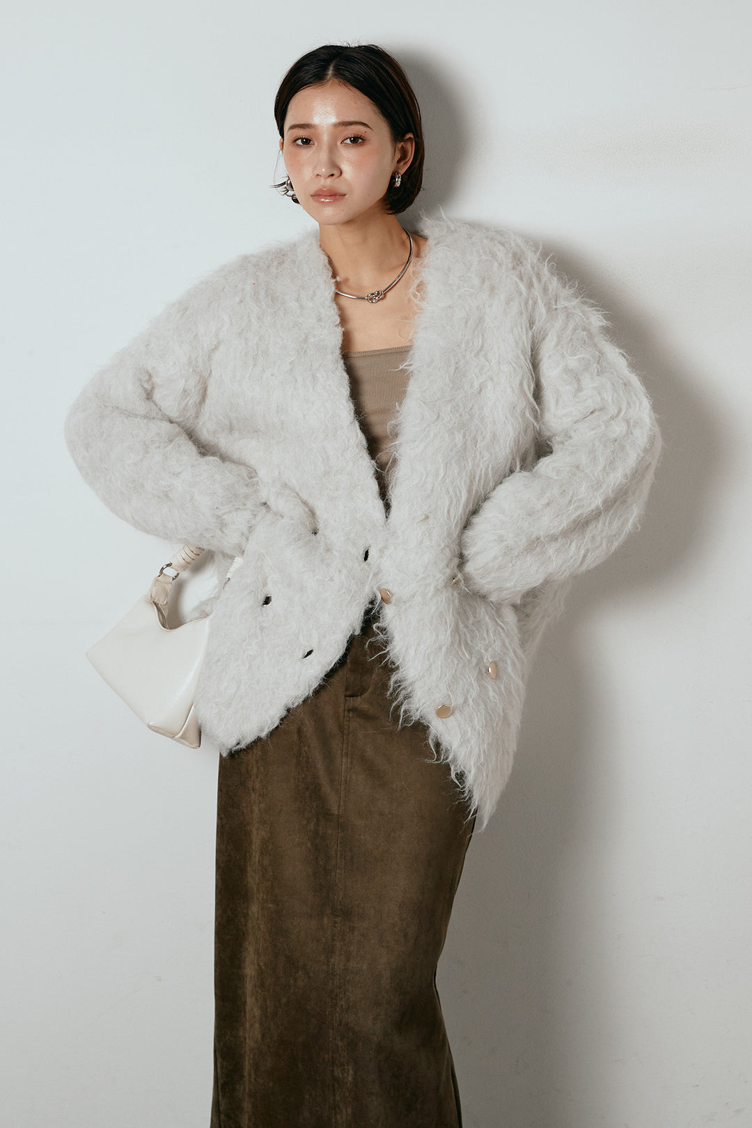 [SET]ウェーブシャギーニットジャケット+スウェードライク裾フリンジスカート(2set)