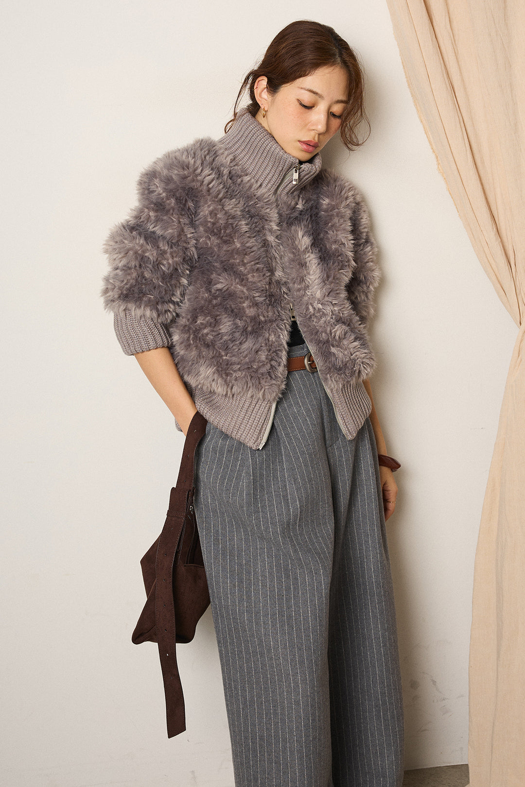 [SET]ハイネックボアブルゾン+ウールライクストライプパンツ(2set)