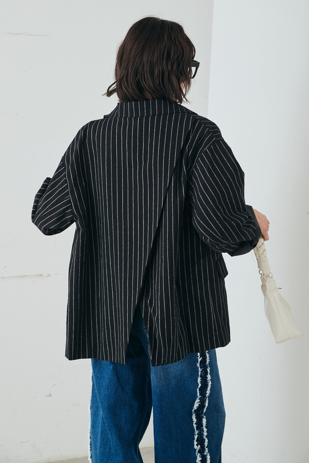 [SET]リネンライクストライプテーラードジャケット+デニムサイドフリルパンツ(2set)