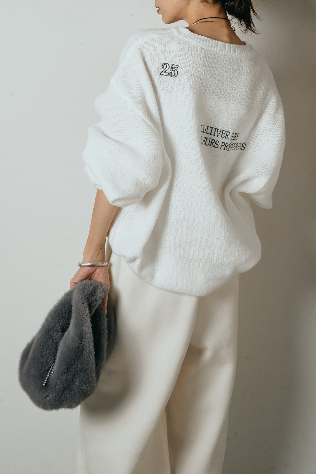 [SET]刺繍ロゴランダムデザインニットトップス+裏起毛スウェットワイドパンツ(2set)