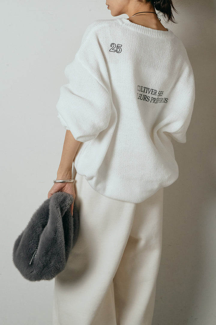 [SET]刺繍ロゴランダムデザインニットトップス+裏起毛スウェットワイドパンツ(2set)