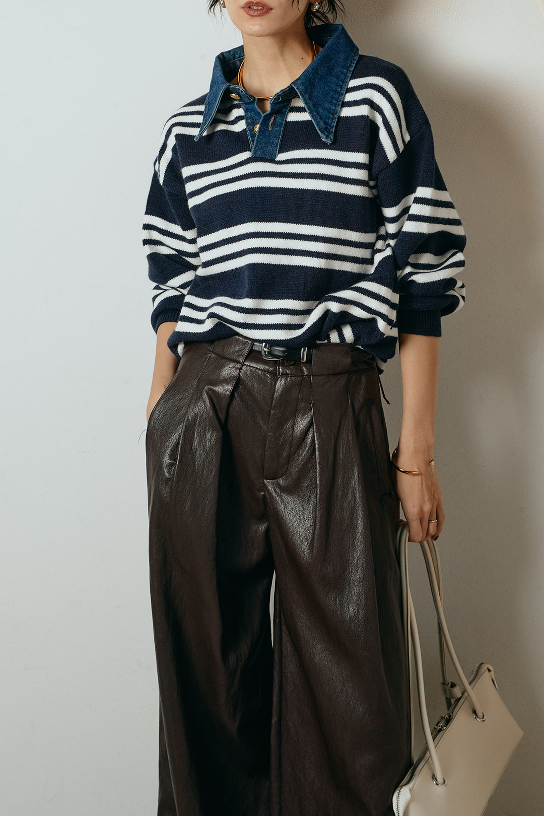 [SET]デニムレイヤード風ランダムボーダーニットプルオーバー+ベルト付きレザーライクタックパンツ(2set)