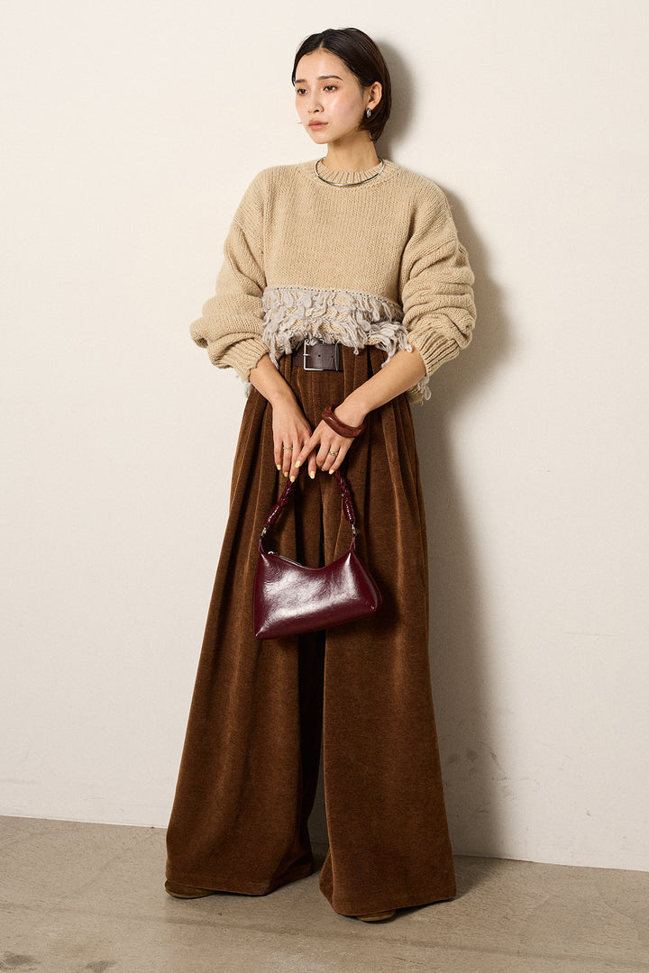 [SET]ループ編み切り替えニットプルオーバー+ベルトループコーデュロイワイドパンツ(2set)