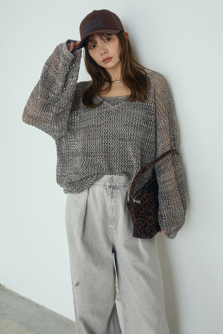 [SET]メッシュ編みビスチェセットVネックプルオーバー+カラーデニムタックカーブパンツ(2set)