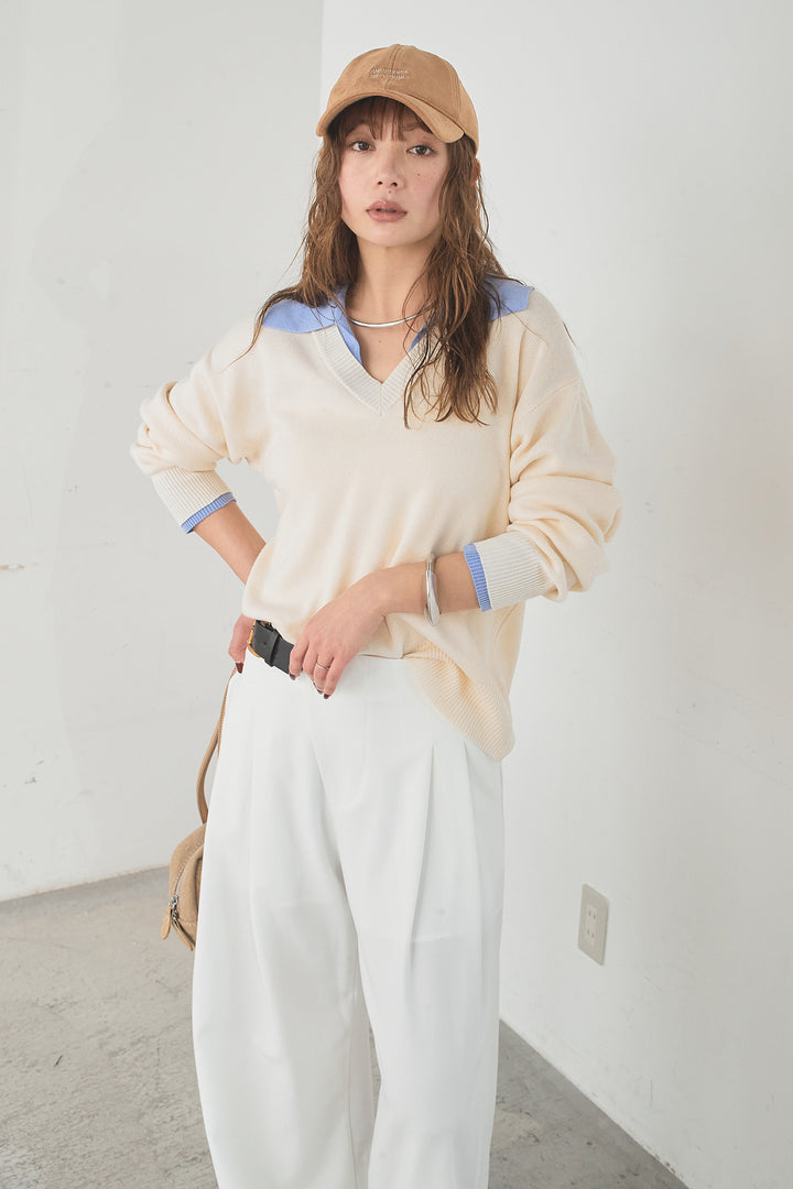 [SET]バイカラーニットレイヤード風プルオーバー+サイドベルトタック入りスラックス(2set)