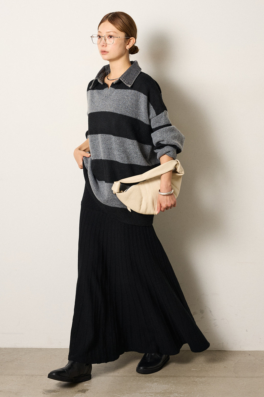 [SET]デニムカラーボーダールーズニット+編み地切り替えフレアニットスカート(2set)