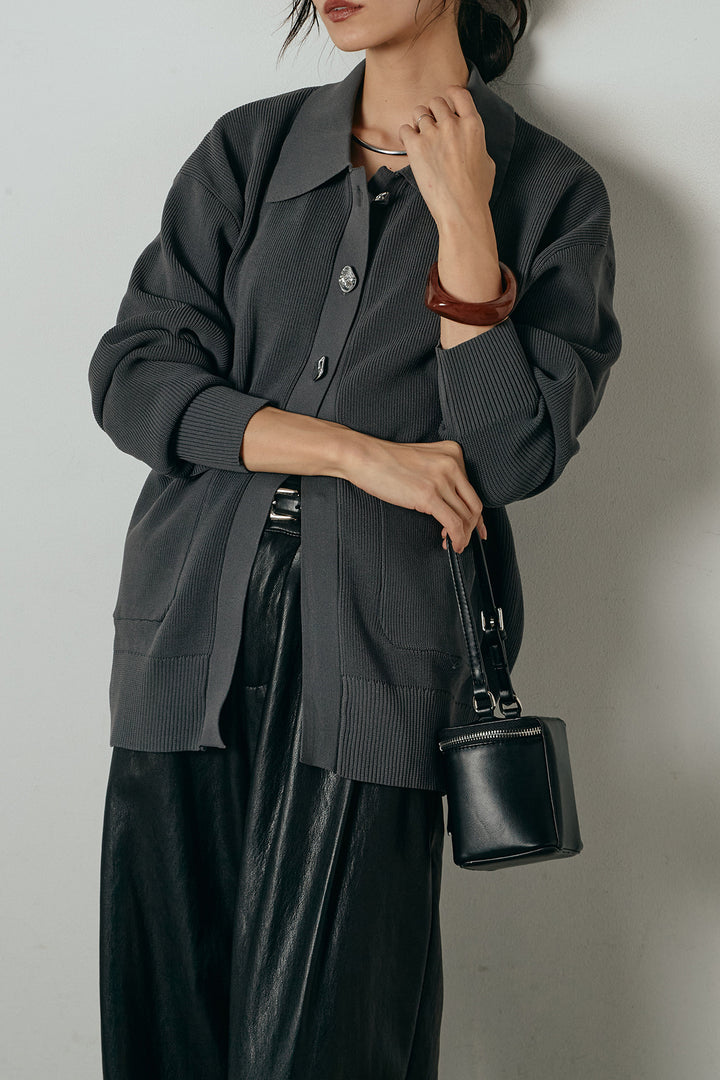 [SET]メタル釦衿付きニットカーディガン+ベルト付きレザーライクタックパンツ(2set)