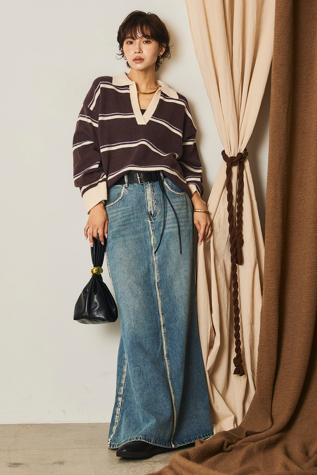 【即納】フェイクレザー太ベルト付きデニムワイドスカート