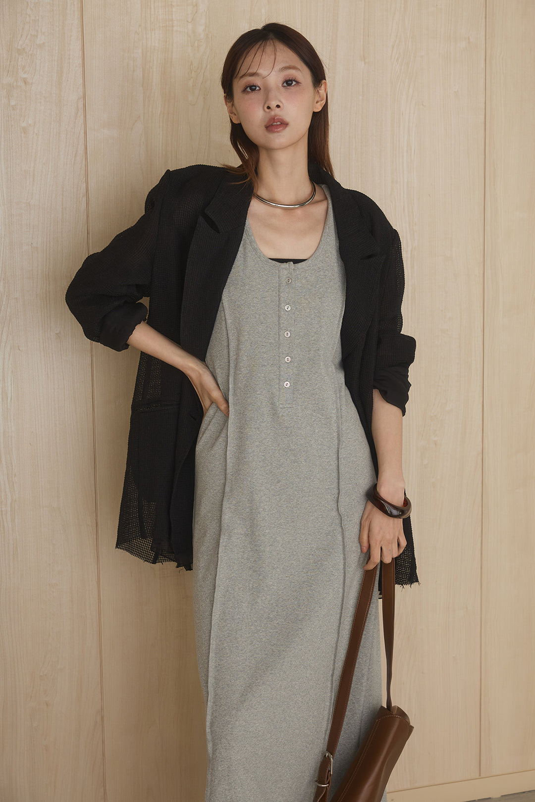 [SET]メッシュテーラードワイドジャケット+ノースリロングワンピース(2set)